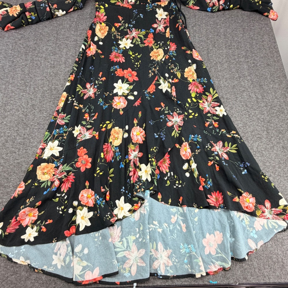 Farm Rio Black Floral Wrap Maxi Dress Bell Sleeve Tassel Boho Women Large L - Picture 8 of 10